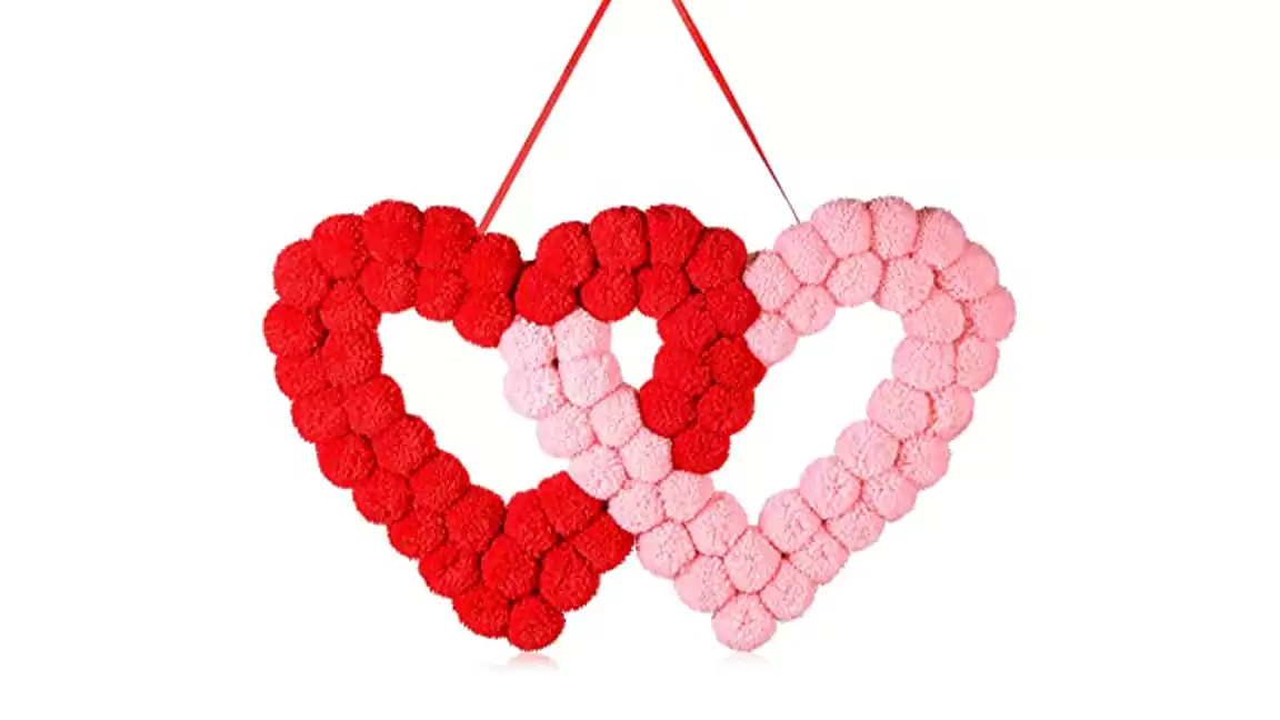Way To Celebrate Valentine's Day Red and Pink Pompom Heart Wreath, 16 inches