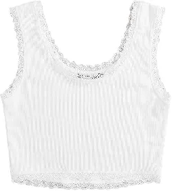 Women Scoop Neck Sleeveless Contrast Lace Solid Ribbed Tank Crop Top