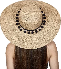 Womens Beach Straw Sun Hat with Pom Pom Floppy Brim - Foldable for Summer Outdoors